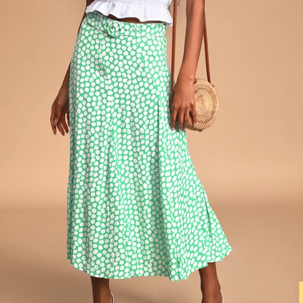 Valensole Green Floral Print Belted Midi Skirt